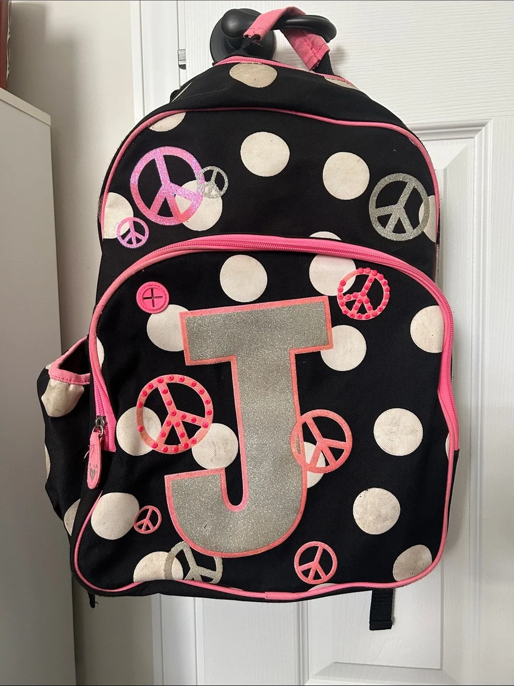 ☮️Justice Backpack - Black & Pink Polka Dots with Glitter J ☮️